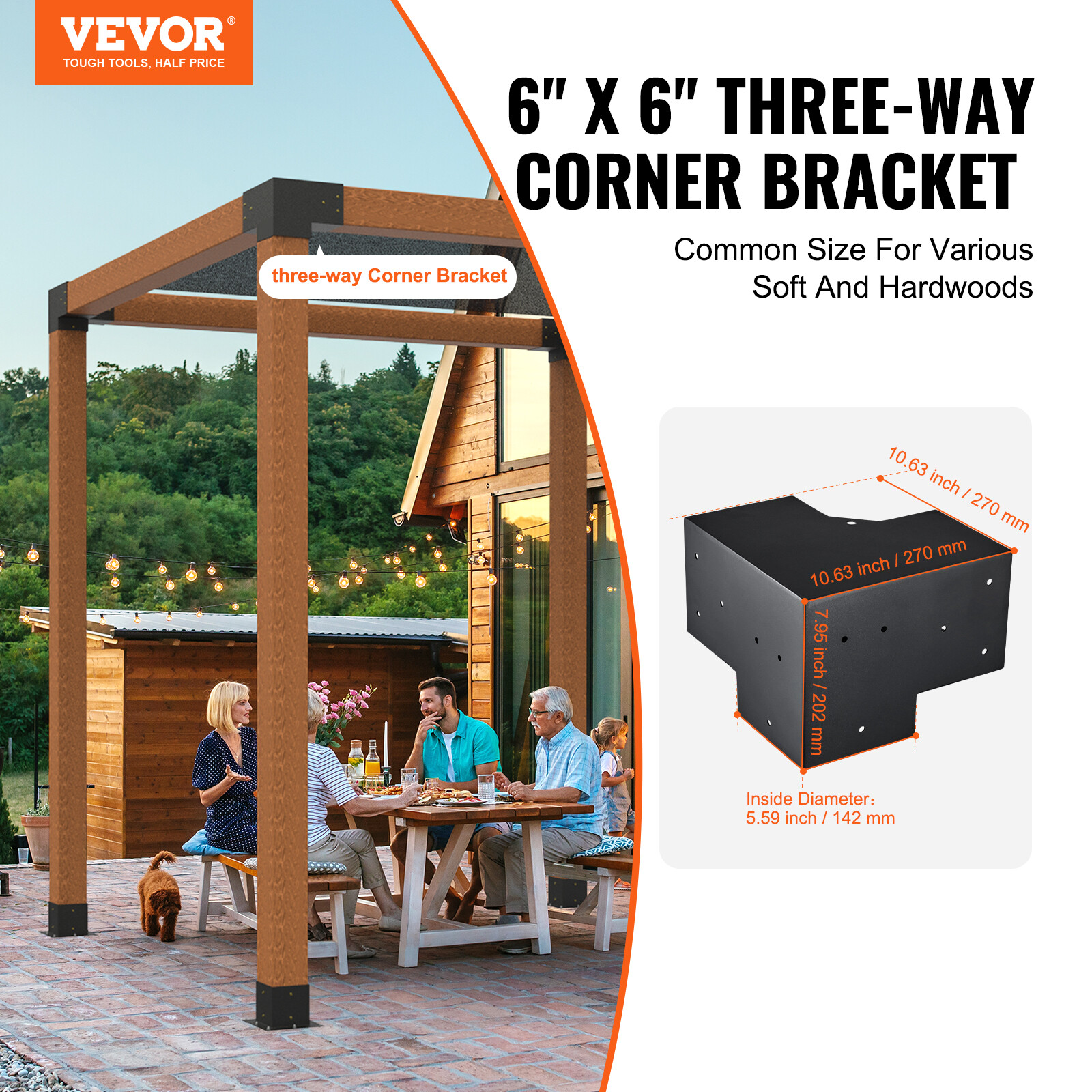 VEVOR 6''x6'' Pergola Bracket Kit 3-Way Woodworks DIY Post for Gazebos 4 pcs