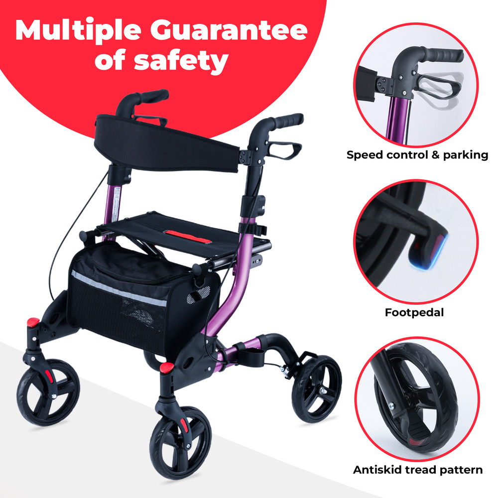 Foldable Rollator Walker for Seniors with 8" Wheels, 6-Level Height Adjustable