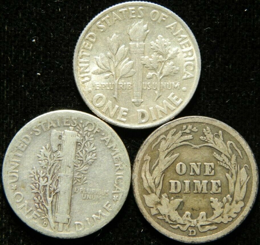 3 Coin Dime Lot , Mercury Roosevelt Barber 90% Silver Bullion Silver Certificate