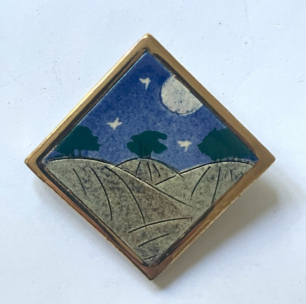Ceramic Still Life moon over fields brooch pin, 55mms wide