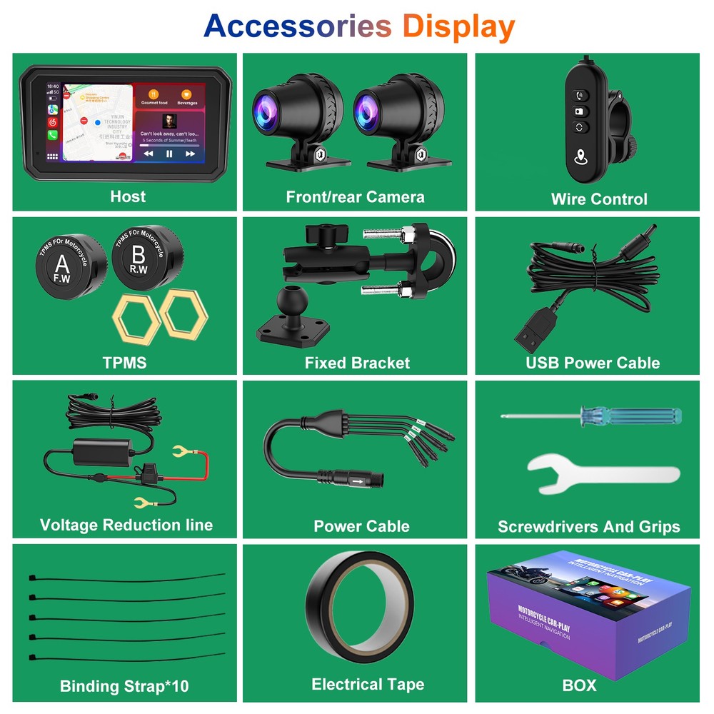 6" Motorcycle Carplay with GPS System, TPMS, Wireless BT, Loop Rec & Emer Lock