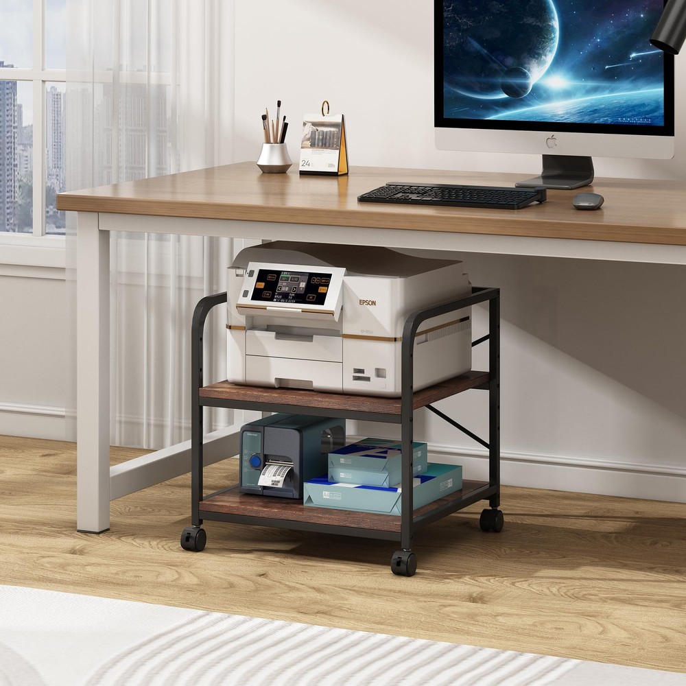 Under Desk Printer Stand, 20 Inches Deep Large Printer Table with Height Adju...