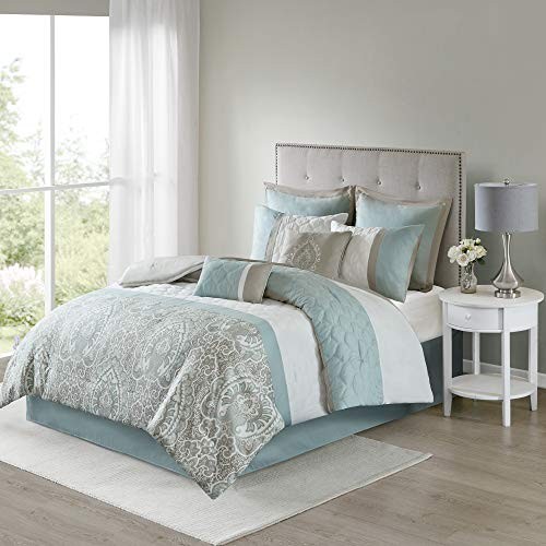 Cozy Comforter Set - Transitional Damask Queen(90"x90") Shawnee-seafoam
