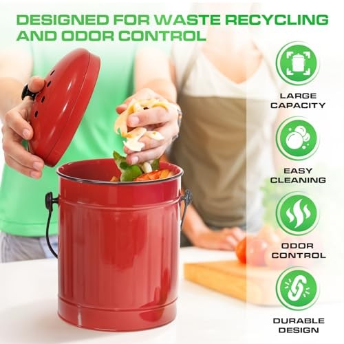 Countertop Compost Bin Kitchen with Lid 1.5 Gallon Odorless Compost Red