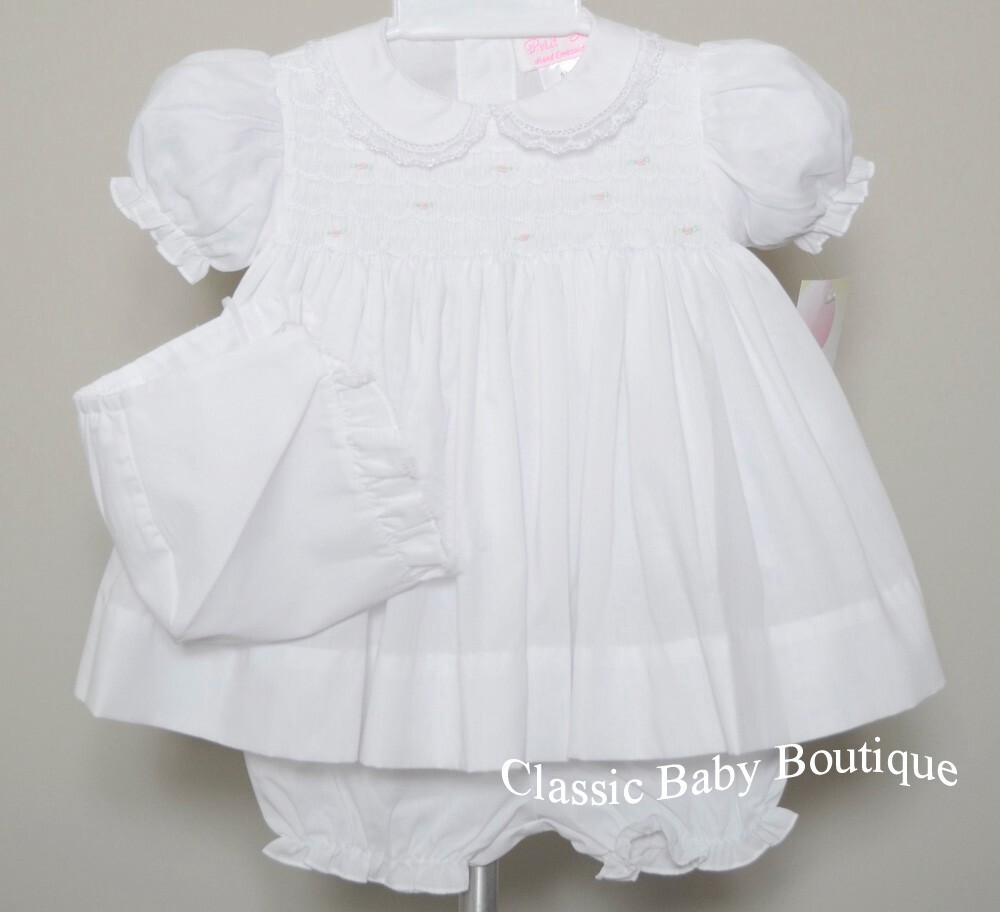 NWT Petit Ami White Smocked Lace 3P Dress Newborn Reborn Baby Girls Bonnet NB