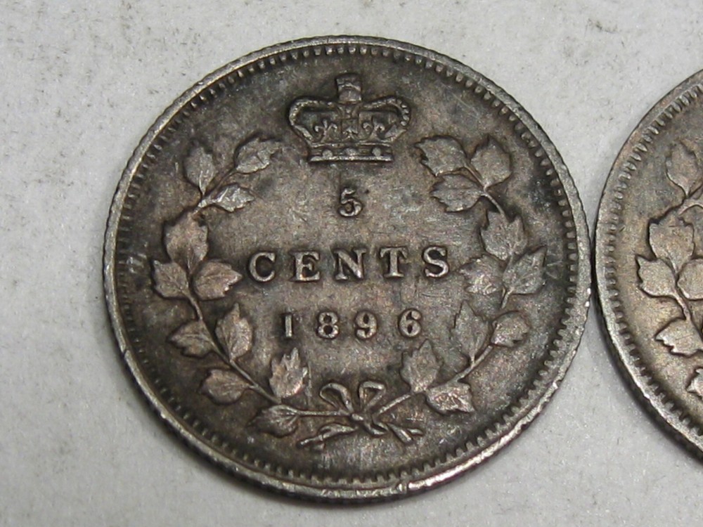 2 Silver 5¢ Cent CANADA - 1896 & 1893. #49