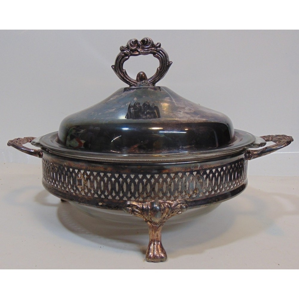 Casserole Dish Vintage Silver Plate Covered Footed 9" Glass Fancy Buffet Elegant