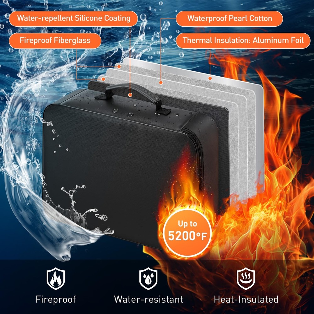 5200°F Fireproof Document Bag with Lock - Heat-Insulated Fireproof Document B...