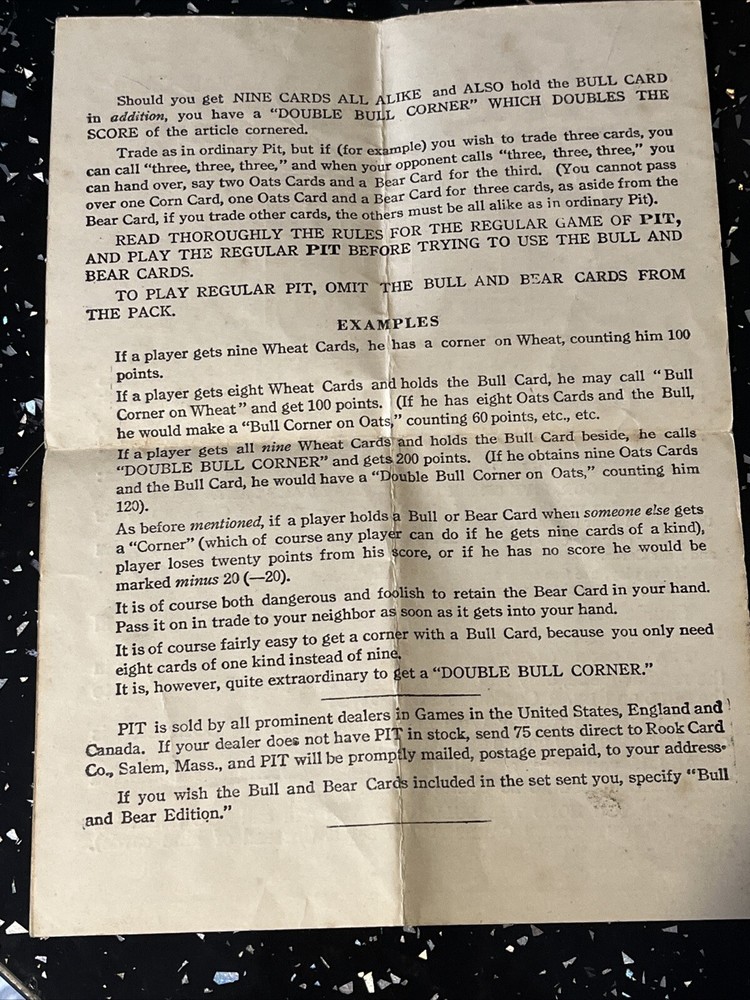 Waddingtons PIT Game Instruction Leaflet Circa 1920 Bull And Bear Edition