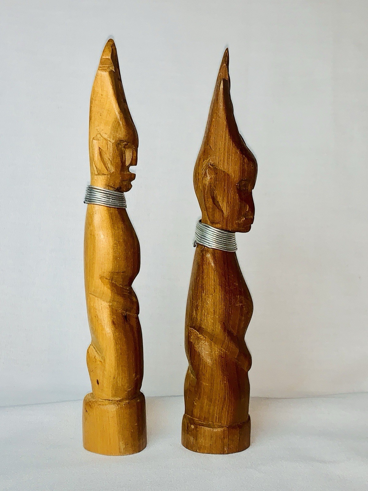 Vtg MCM African Hand Carved Teak Wood Tribal Figurine Statue Pair 7.5" Kenya