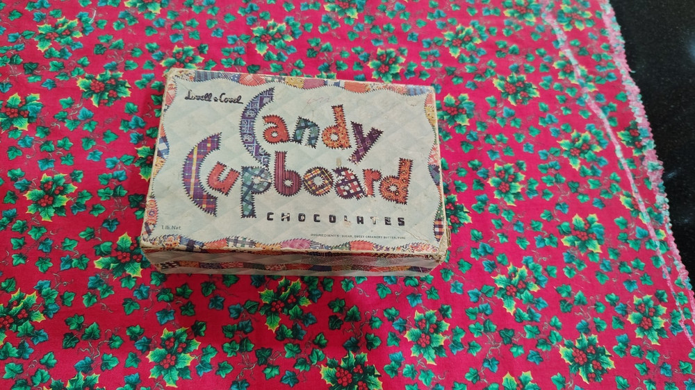 Vintage small Candy Cupboard chocolates  patchwork cardboard box empty