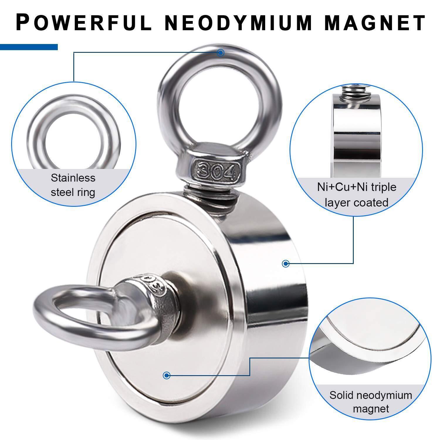 Fishing Magnet Kit Up to 1800 Lbs Pull Force Strong Neodymium + Carabiner + Rope