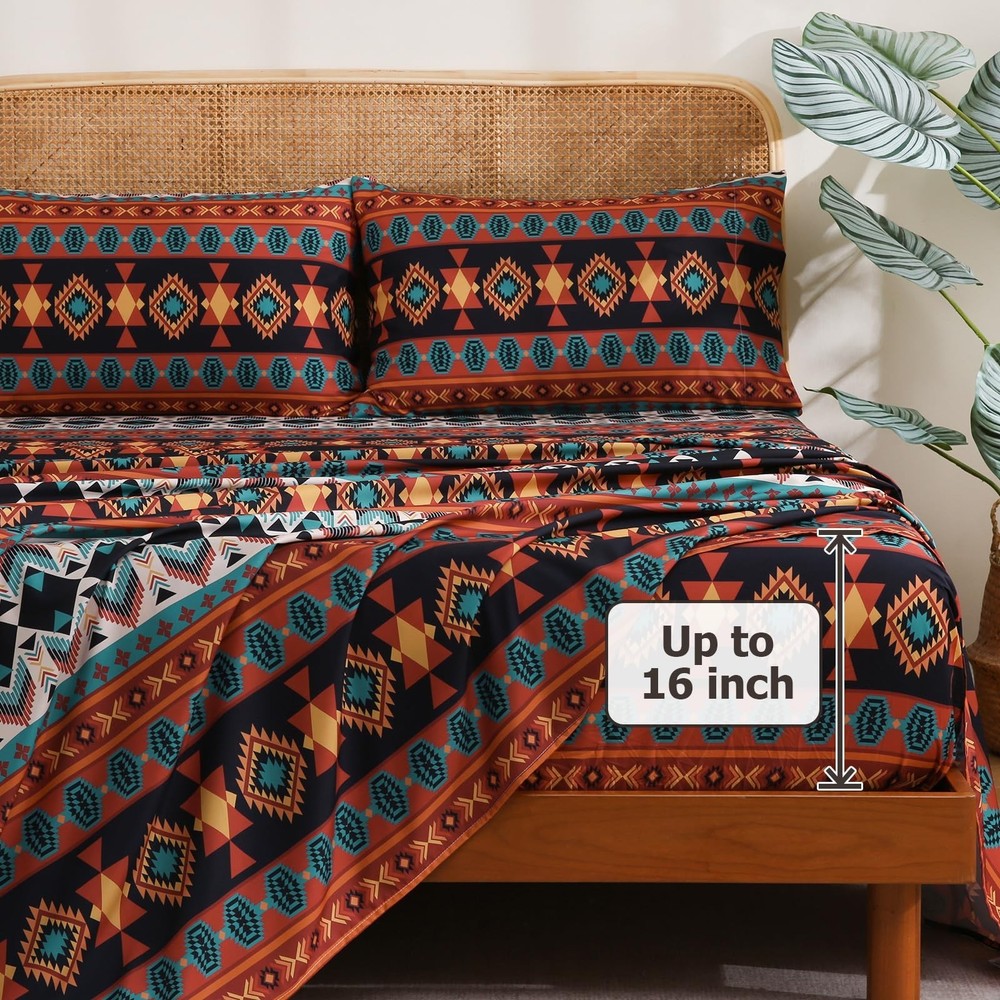 4 Pieces Queen Sheet Set Bohemian, Boho Sheets Soft Microfiber Deep Pocket, W...