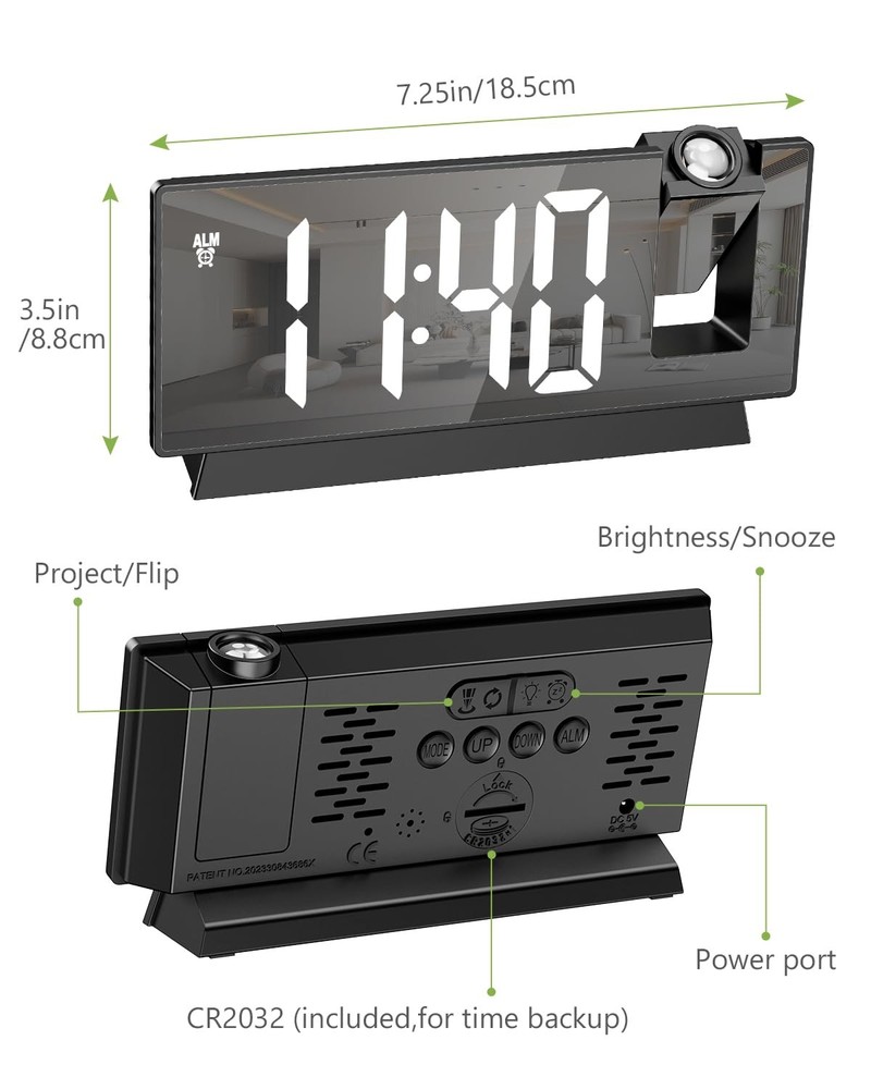 KeeKit Projection Alarm Clock with 180° Rotatable Display, Digital Mirror Clo...