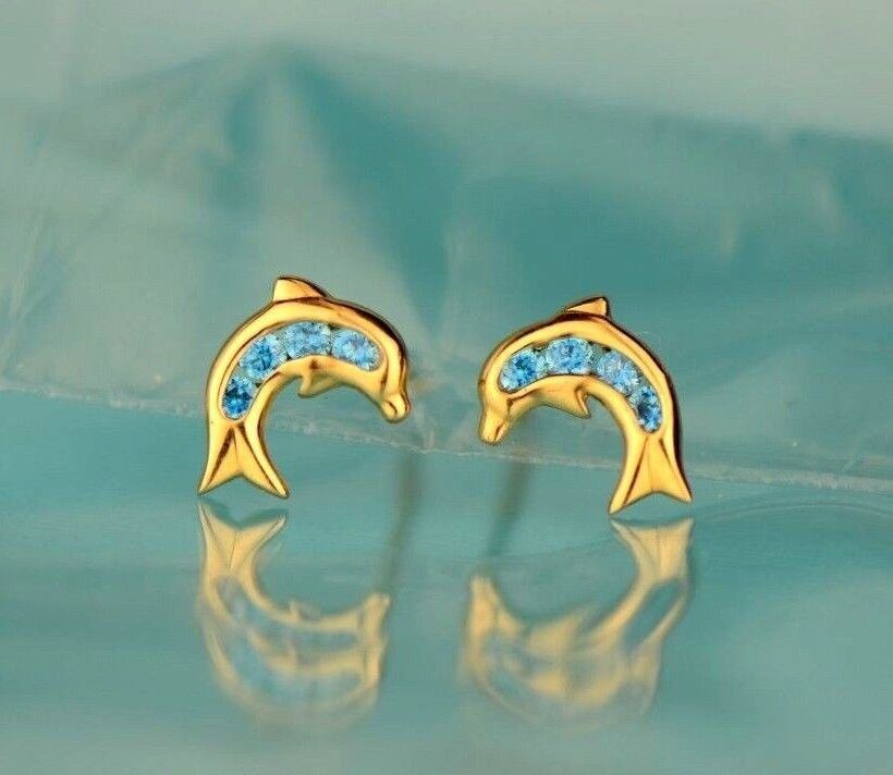14k Yellow Gold CZ Dolphin Stud Earring