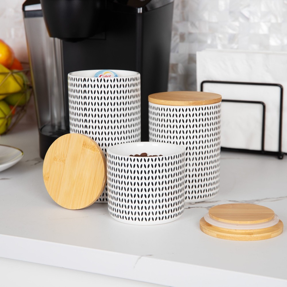 3-Piece Canister Set Sugar Container Coffee Storage Lids Kitchen Ceramic