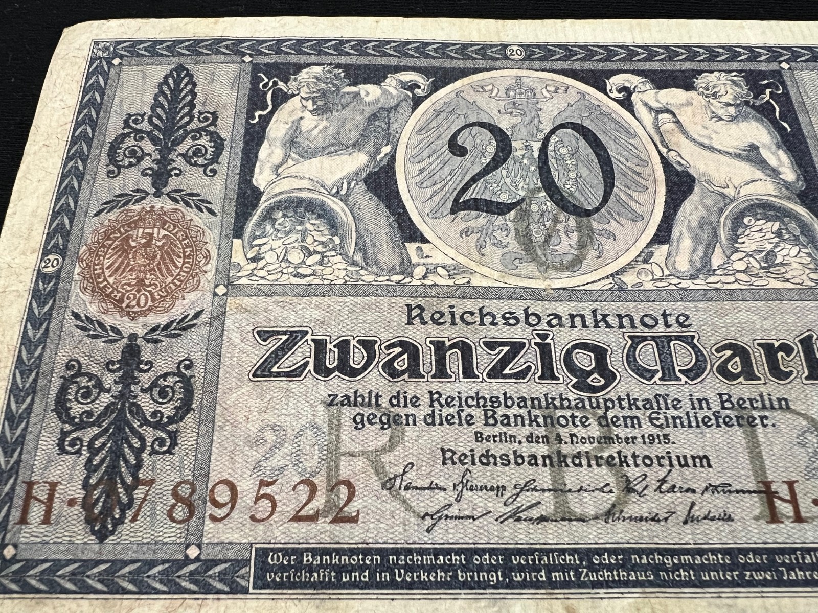 2x 1915 Germany 20 Mark Banknote Great War WW1 WWI Antique Artifact Art Relic