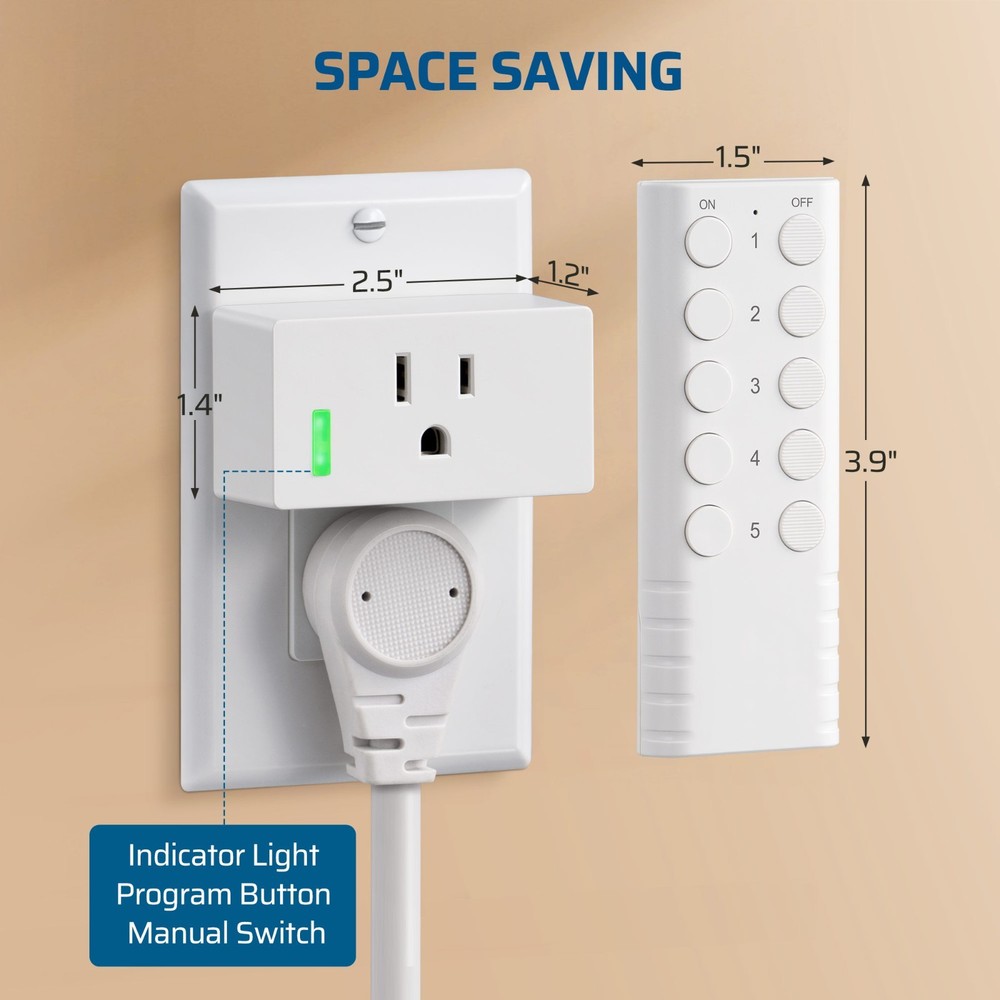 Wireless Remote Control Outlet 5 Outlets 2 Remotes 200FT Range for Lights Fan
