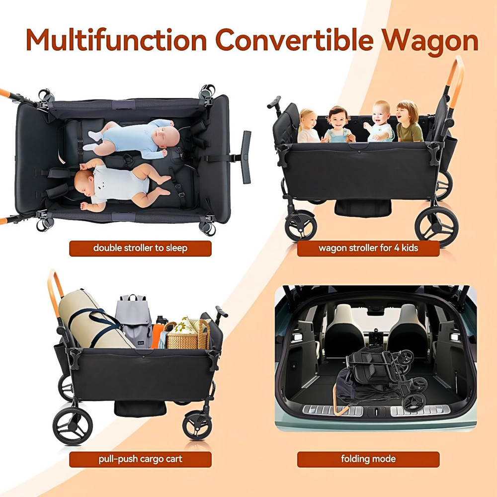 Stroller Wagon for 4 Kids Seated-Tandem Fold Stroller Push-Pull Lightweight Trav