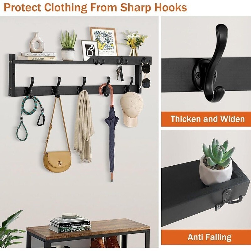 Wall Mounted Coat Rack W/ Shelf Key Hooks Mail Organizer Hat Rack Storage Black