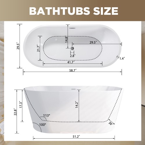 59 inch Bathroom Tub Made of Acrylic Glossy White Finish Freestanding Bathtub