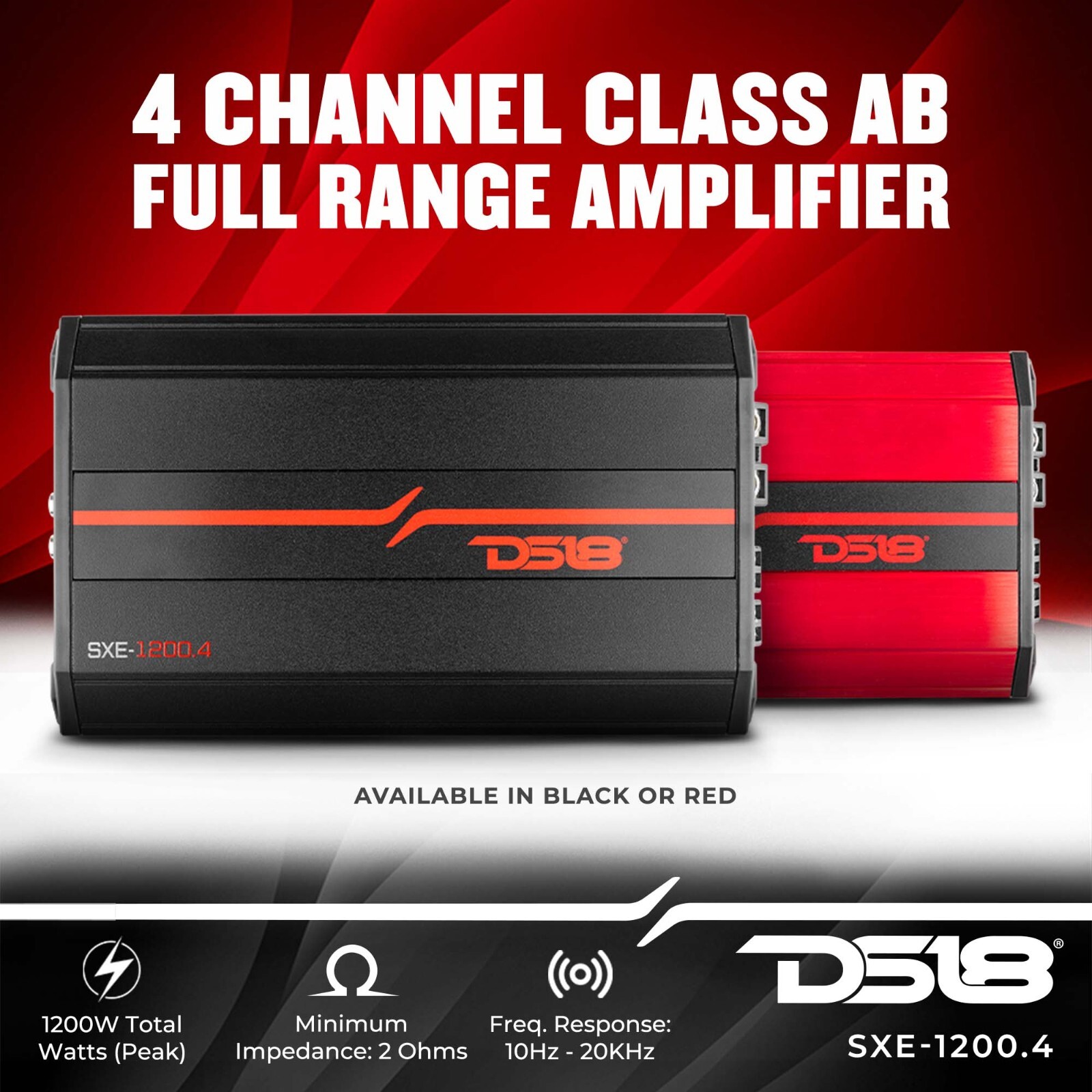 DS18 SXE-1200.4 Car Amplifier Class A/B 4-Channel Full-Range - Compact Size Amp