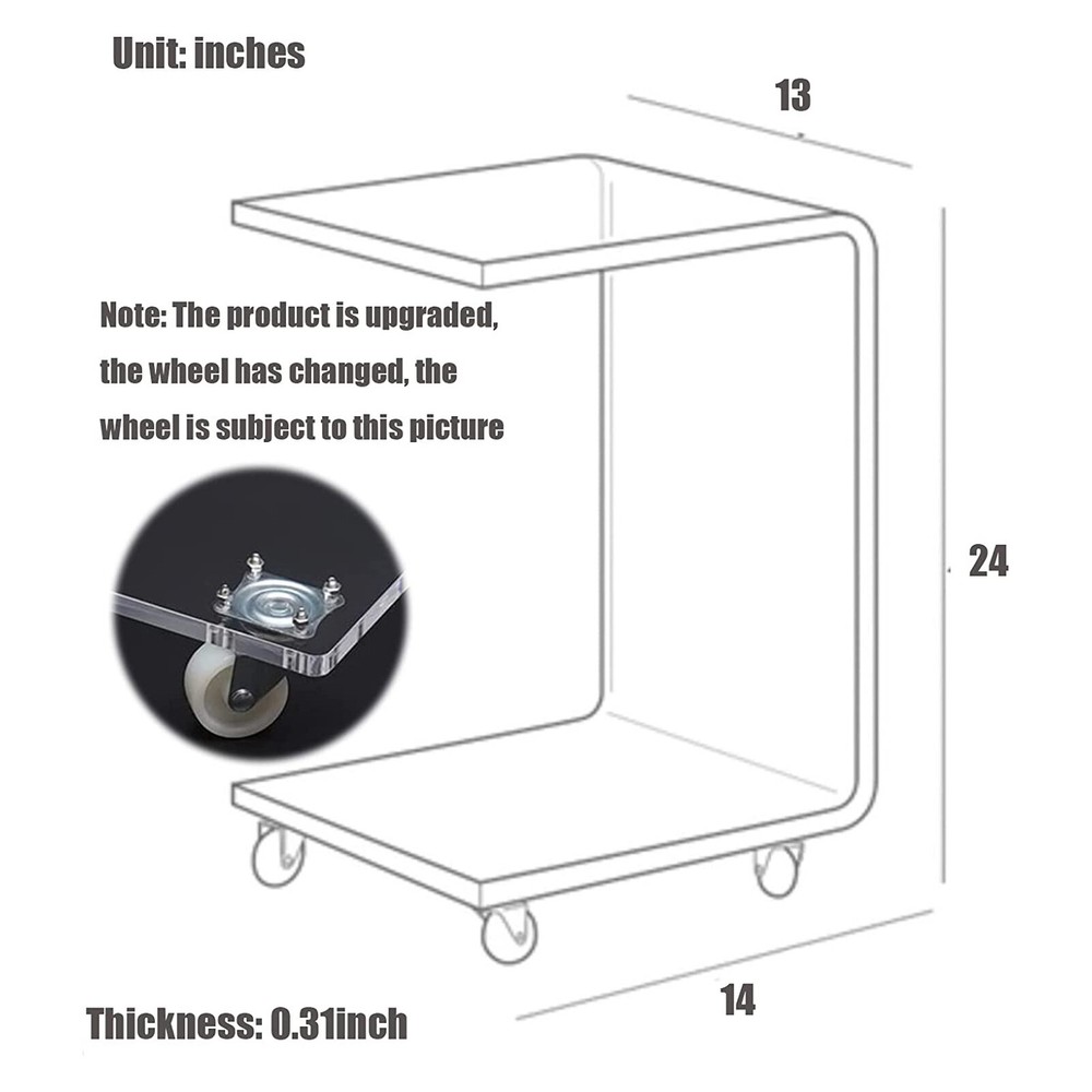 Acrylic Movable Clear Bedside Table C-Shaped End Table Snack Table on Wheels!