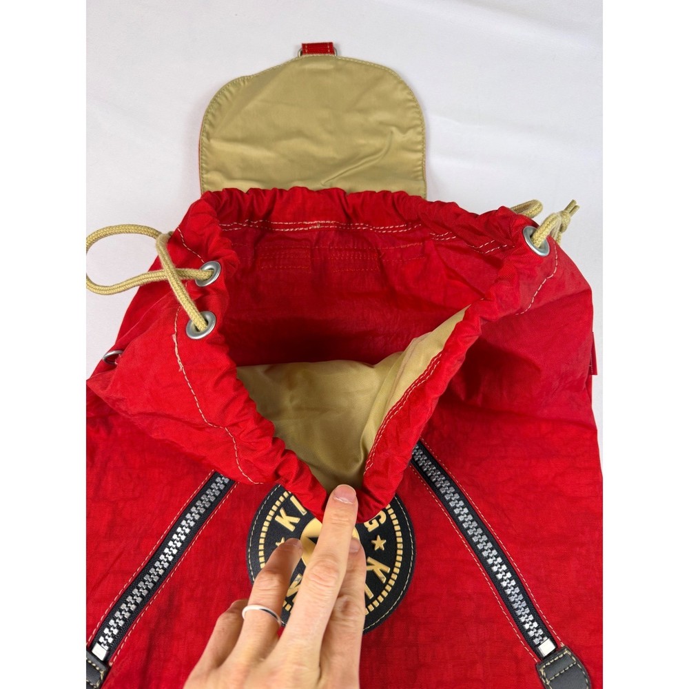 Vintage Kipling Red Drawstring Backpack Rucksack Front Zip Pockets