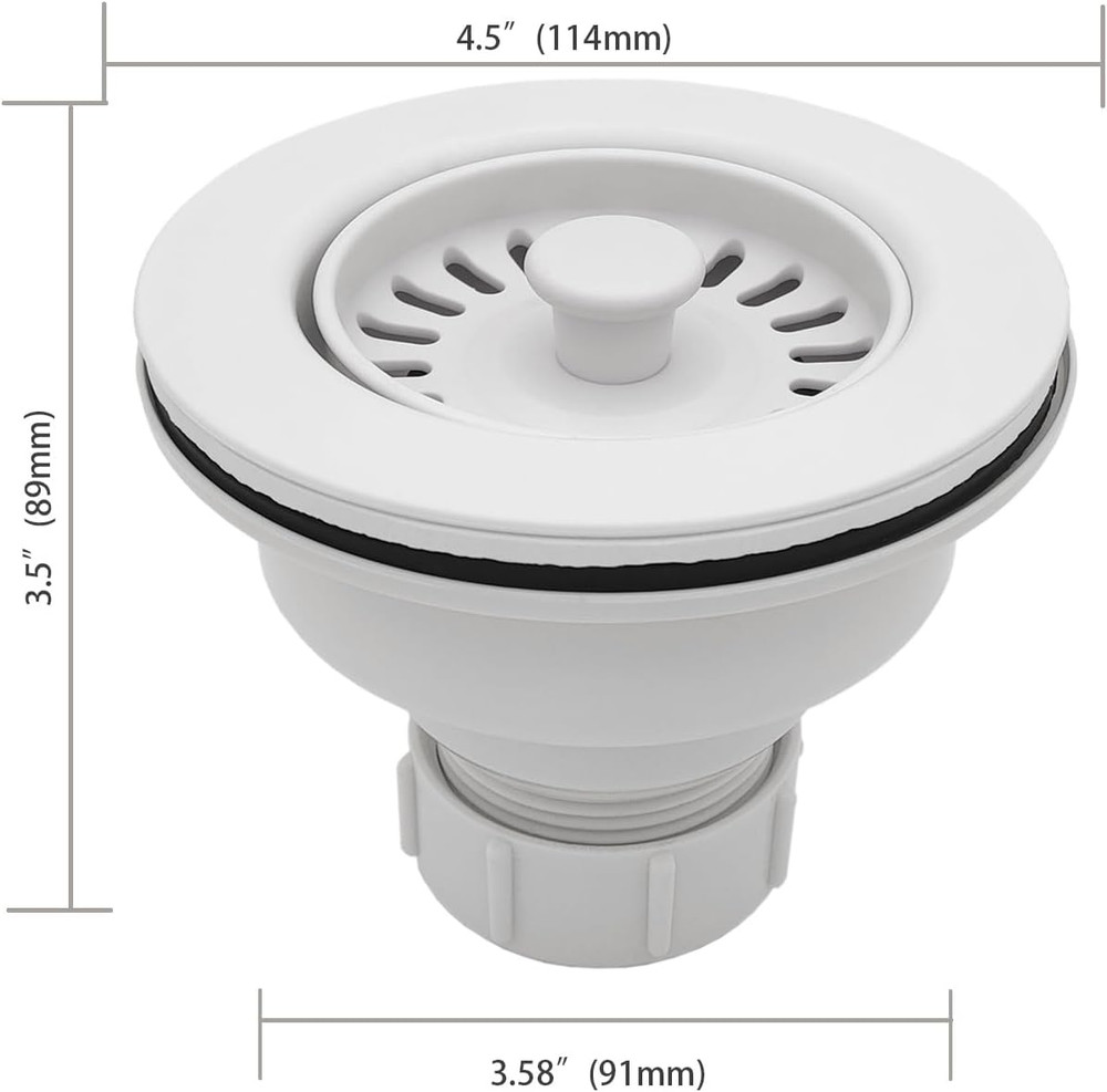White Kitchen Sink Drain Assembly, 3-1/2 inch Polymer Kitchen Drain Strainer Kit