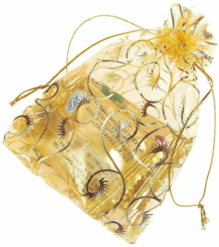 100x Gold Sheer Organza Bags 4x5 Inch Mesh Jewelry Favor Drawstring Gifts Bags