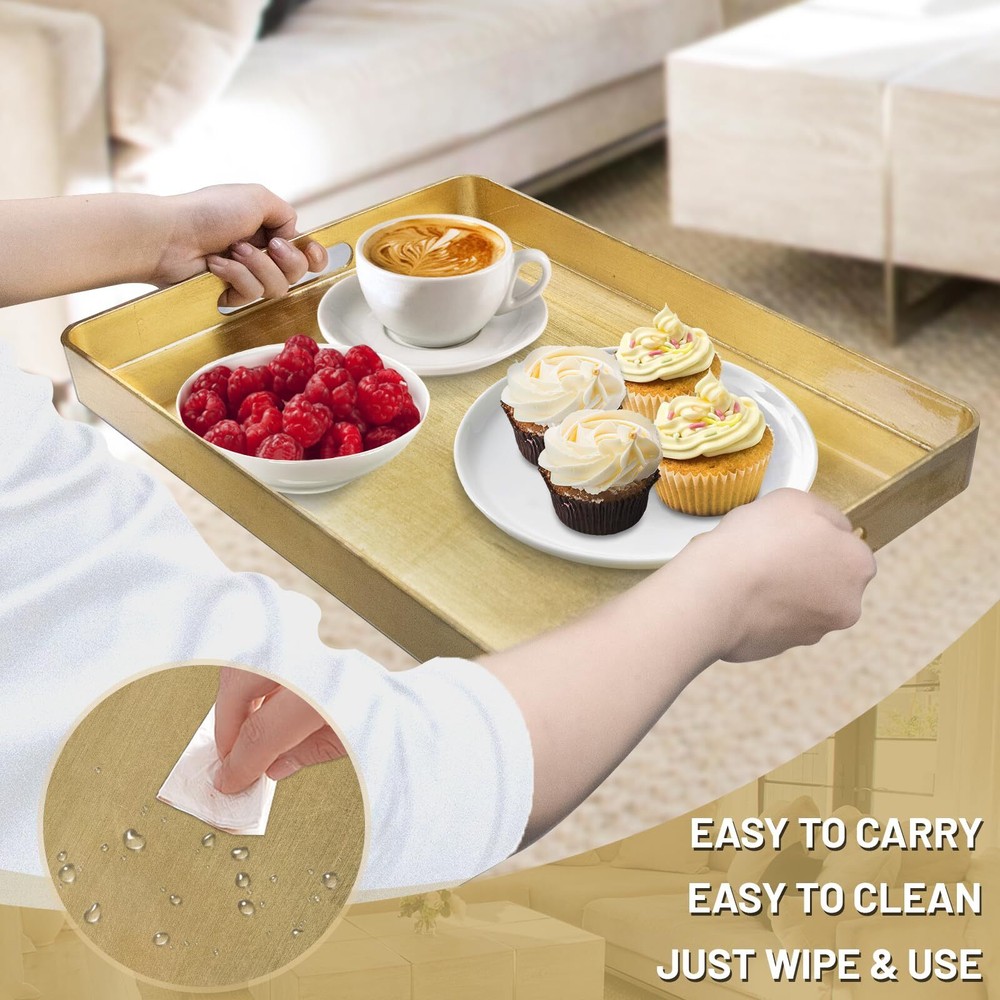Gold Decorative Tray with Handles Foil Serving Tray for Ottoman Rectangular C...