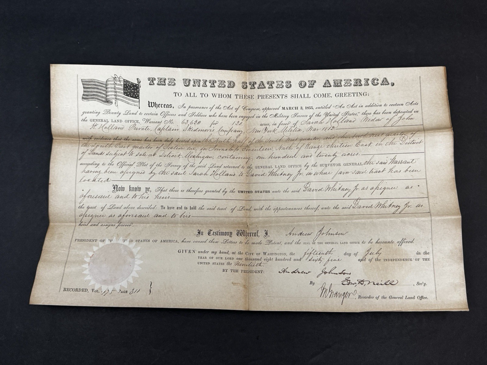 Original 1865 Andrew Johnson Civil War Land Grant 120 Detroit MI David Whitney
