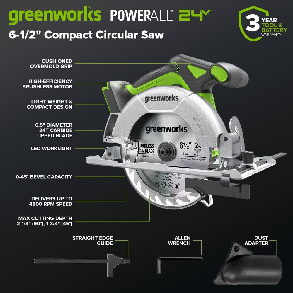 Greenworks 24V 4 Power Tool Set - Drill, Impact Driver, Circular Saw, Flashlight
