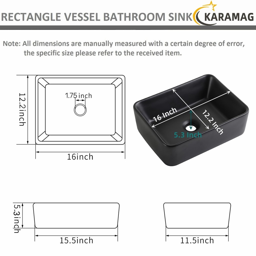 KARAMAG Black Vessel Sink Rectangle 16"x12" Bathroom Sink Rectangular Modern Abo