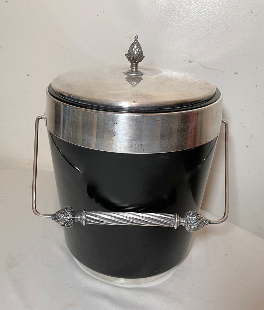 vintage ornate Reed and Barton silverplate black bakelite lidded ice bucket jar