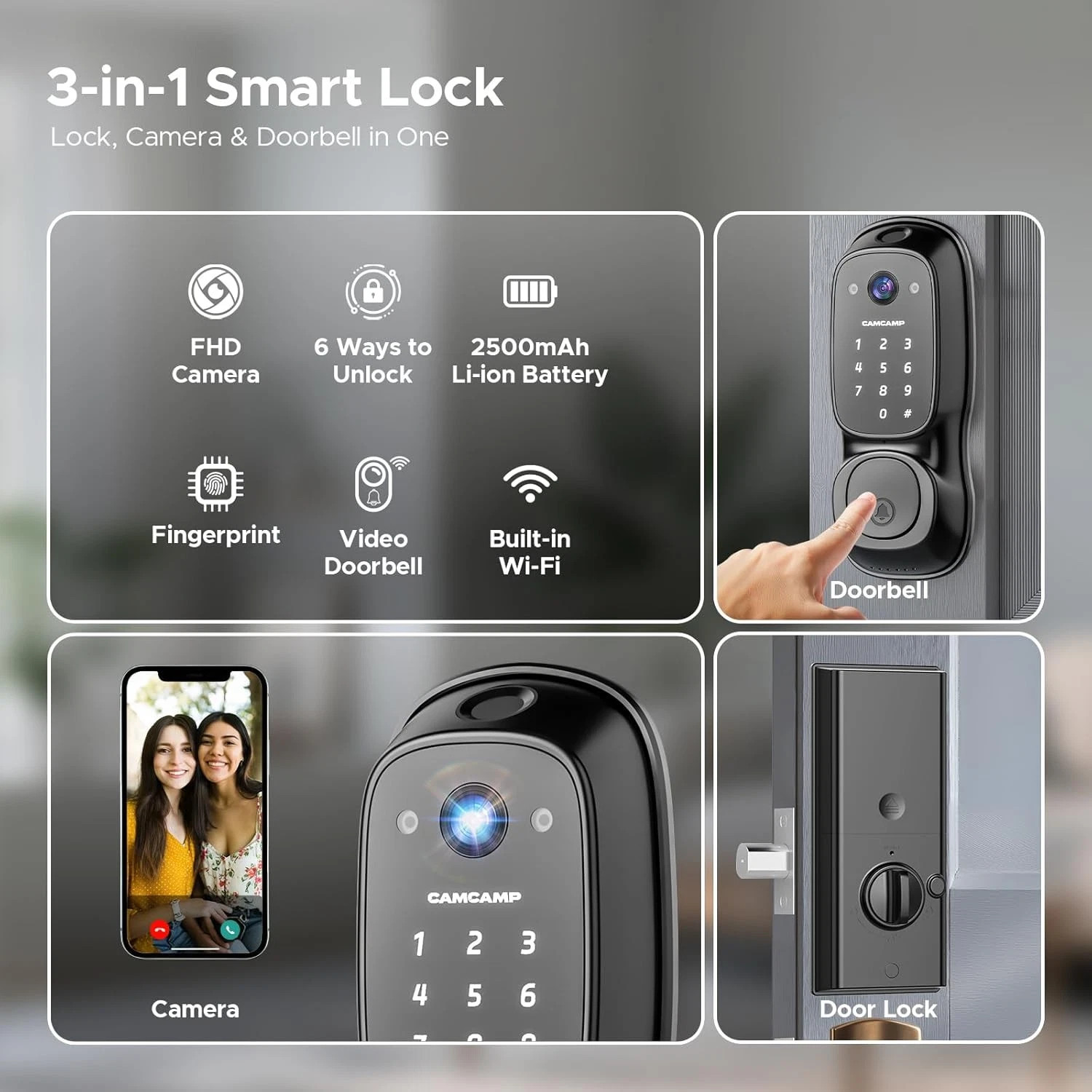 WiFi Video Smart Lock with Camera & Handle 6-in-1 Keyless Entry 2-Way Audio IP66