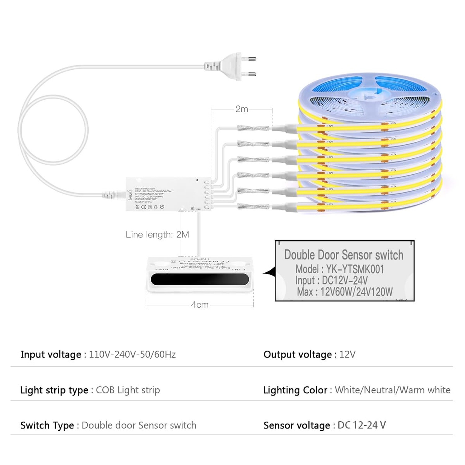 AIMENGTE Cabinet Light 12V 6-in-1 COB LED Strip Light with Dual-Door Sensor S...