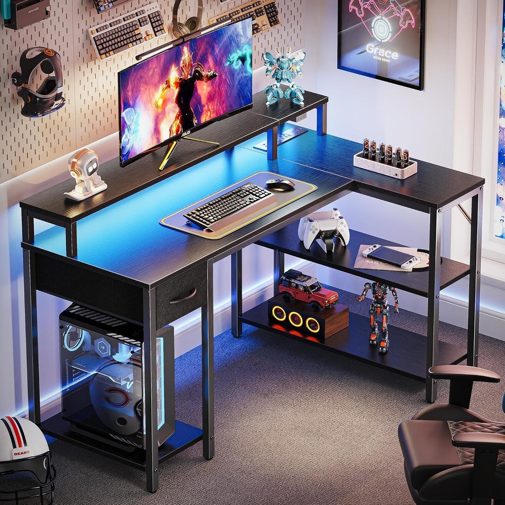 Versatile 47'' L-Shaped Computer Desk with LED Ambiance & USB Power Charging