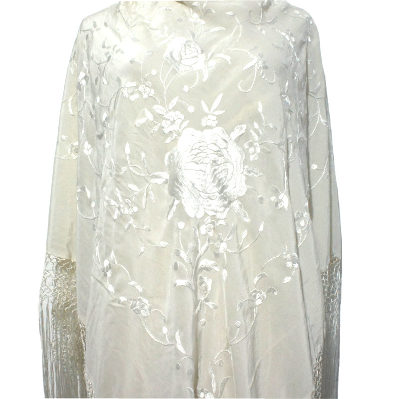 Antique Silk Shawl Wrap Piano Scarf HAND EMBROIDERED FLORAL WITH FRINGE.
