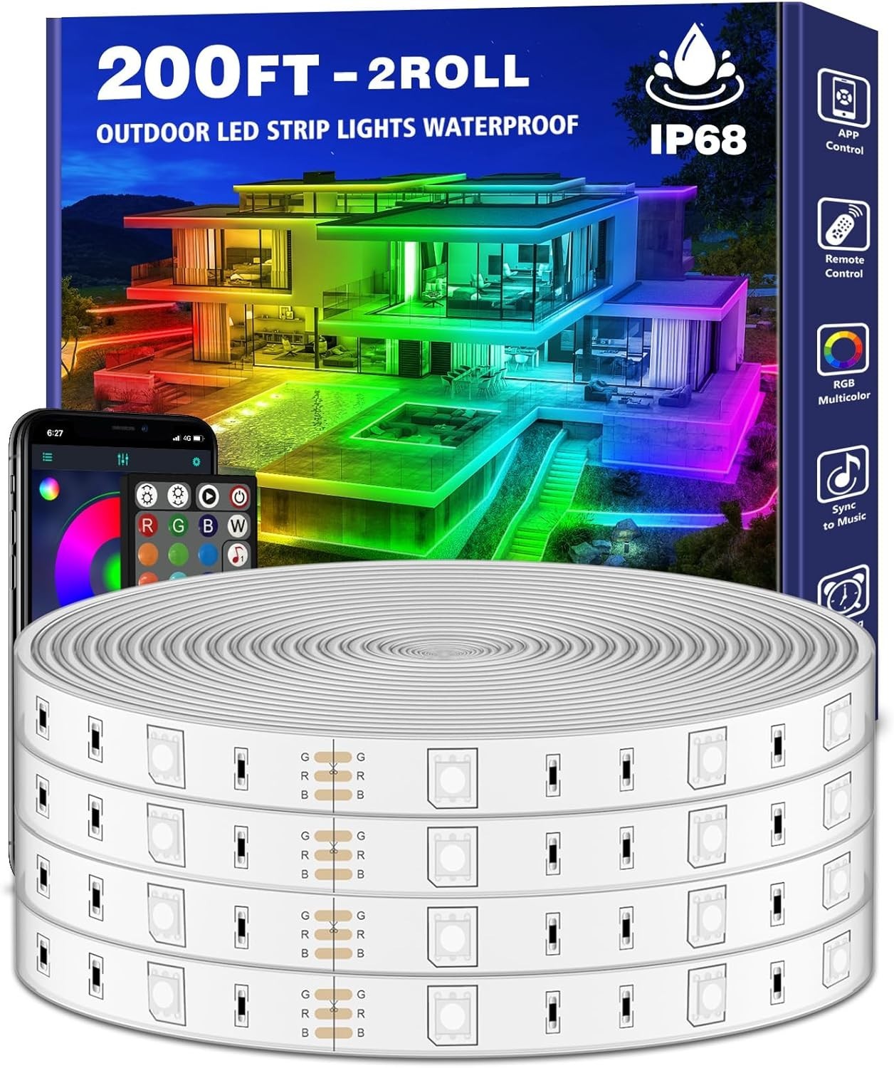 200ft Outdoor RGB LED Strip Lights Waterproof IP68, Music Sync, App & Remote Con