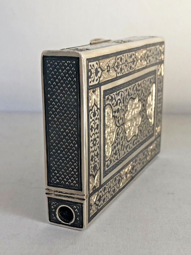 Antique Russian 84 Silver Niello Cigarettes Case in Middle Eastern Test.