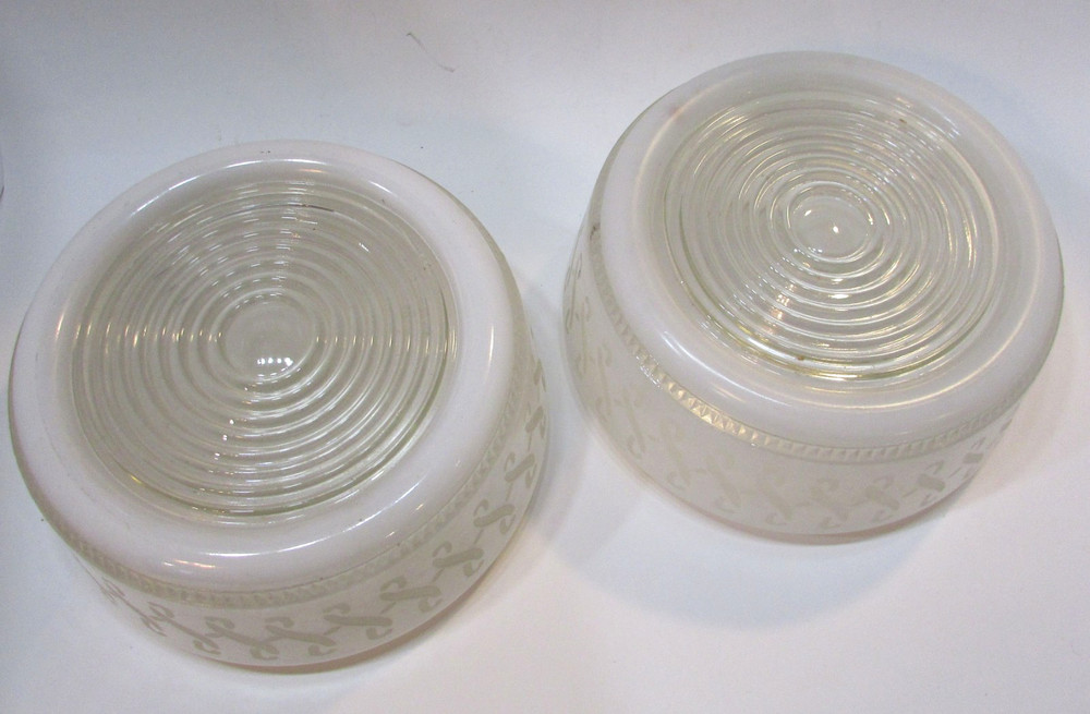 Pair Old White Frosted Glass Drum Bullseye Scroll Ceiling Light Diffuser Globes