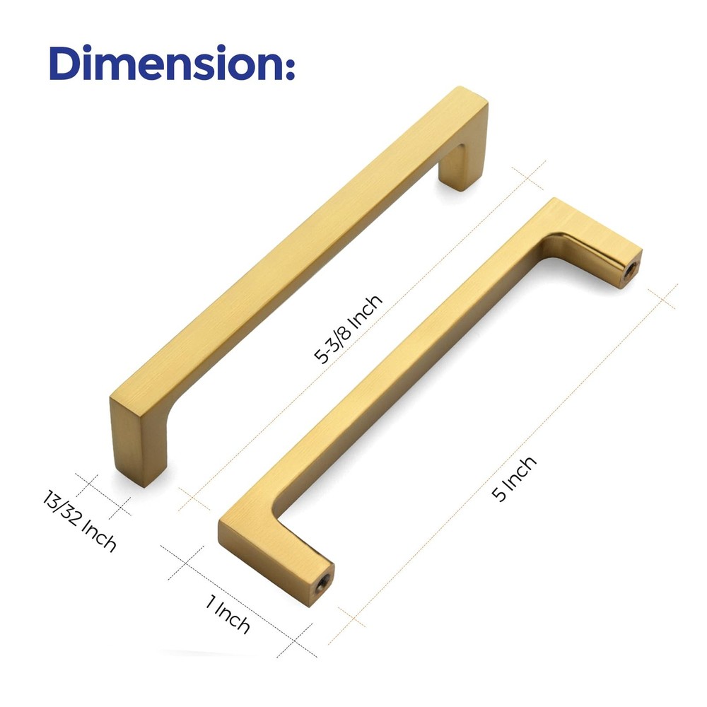 10 Pack Solid 5 Inch Kitchen Square Cabinet Handles Brushed Brass Drawer Pull...