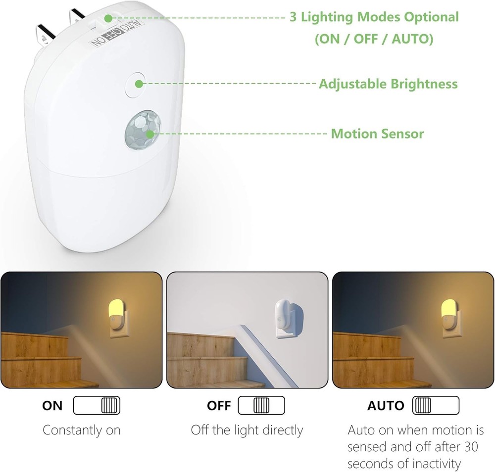 Plug in Motion Sensor Dimmable Night Light, Soft Warm White LED Nightlight with