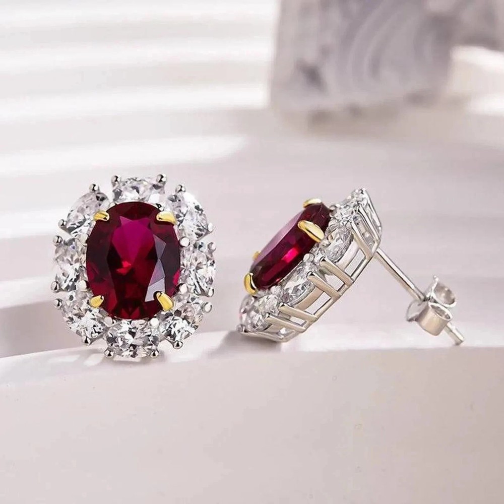 5.00 Ct Oval Cut Natural Ruby Diamond Earring 14K Solid White Gold stud
