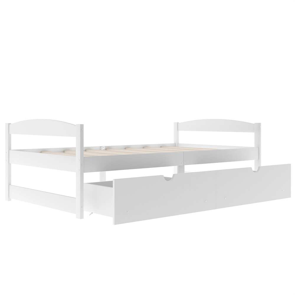 Twin Size Platform Bed Two Drawers White Solid Wood Frame Simple Single-layer