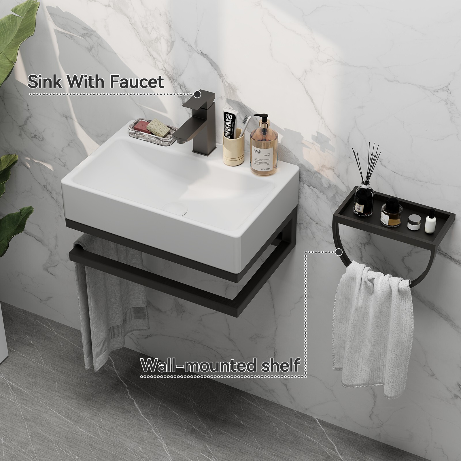 21" White Wall Mounted Vessel Sink Floating Ceramic Basin Bowl w/ Bracket Faucet