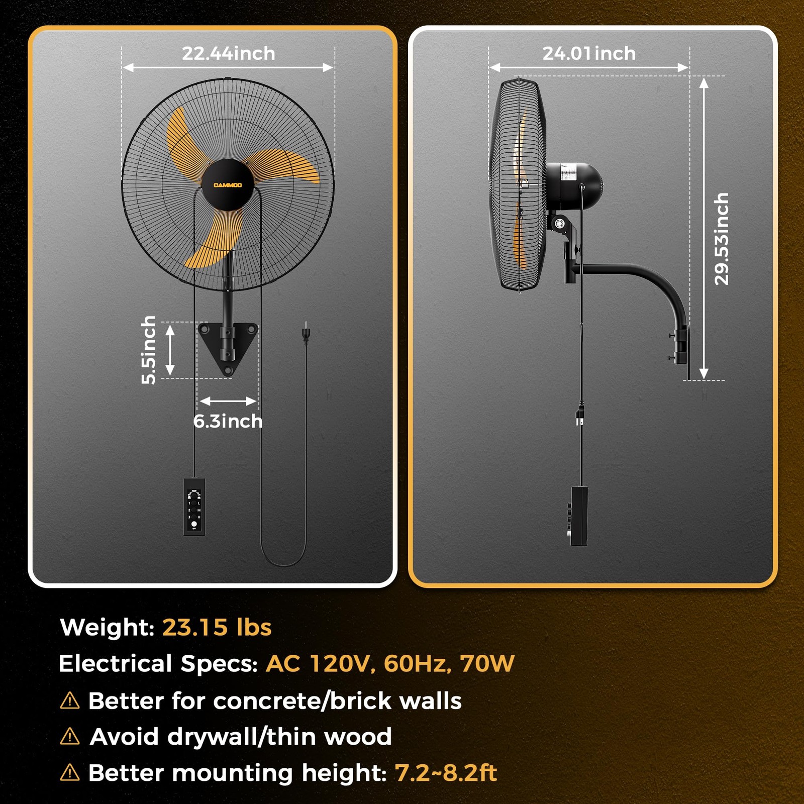 20 Inch Oscillating Wall Mount Fan 3-Speed Wired Remote Long Cord 2 Packs