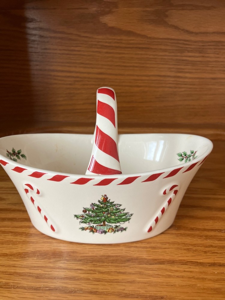 Spode Christmas Tree Peppermint Handle Basket Candy Dish 6.5" MINT IN BOX WOW