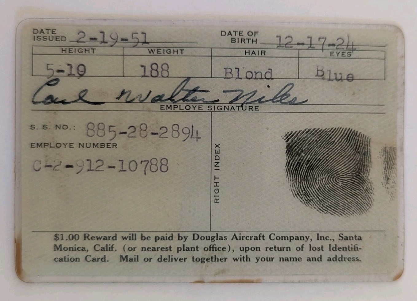 Douglas Aircraft Photo ID Card - Carl Walter Niles 1951